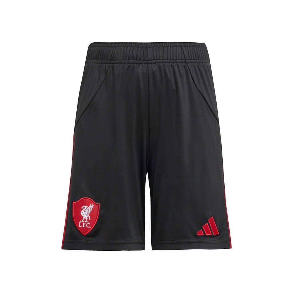 GOATkitz Liverpool 2025-26 kids away black football shorts with red trim and LFC crest.