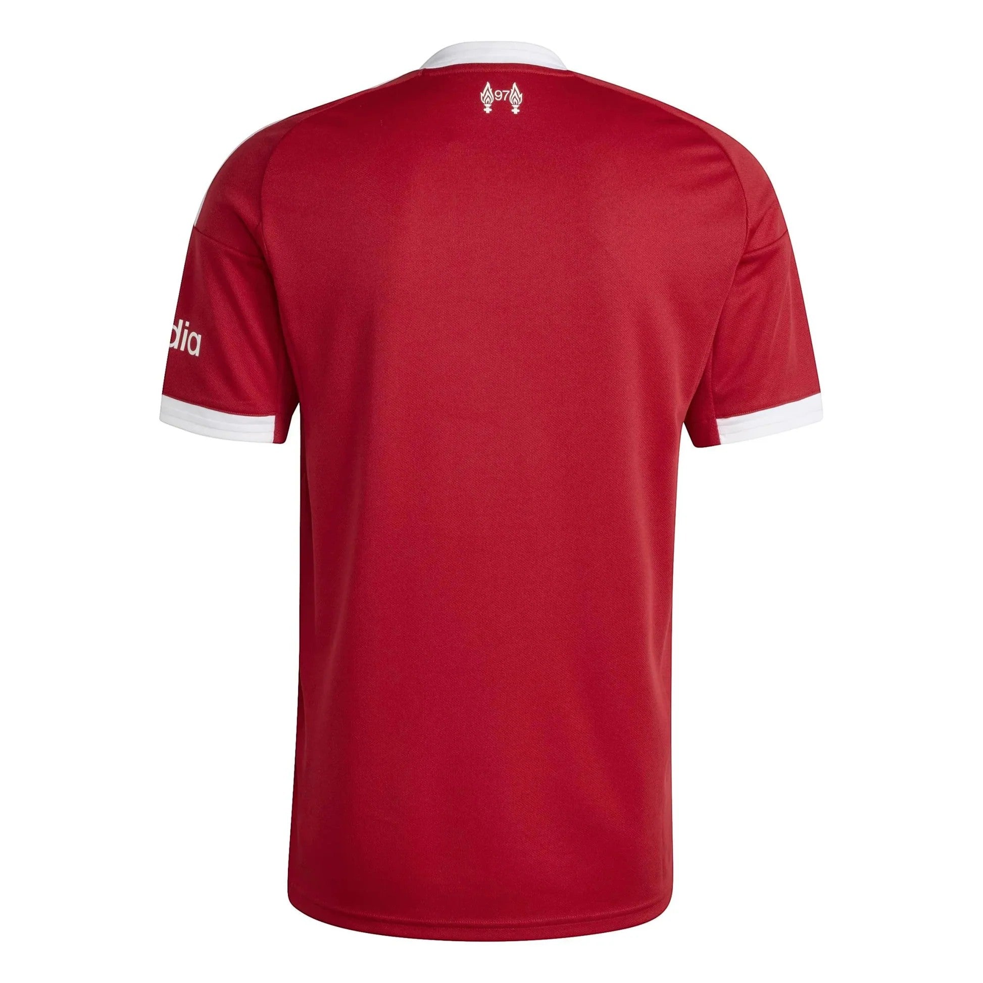 GOATkitz Liverpool 2025-26 kids home jersey, red with white trim on collar and sleeves. Features Hillsborough flame emblem.