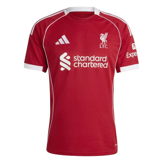 GOATkitz Liverpool 2025-26 kids home jersey in red with white trim and logos. Customizable.