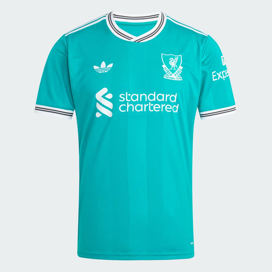 GOATkitz Liverpool 2025-26 kids third jersey in teal with white Adidas and Standard Chartered logos. Features white trim on collar and sleeves.