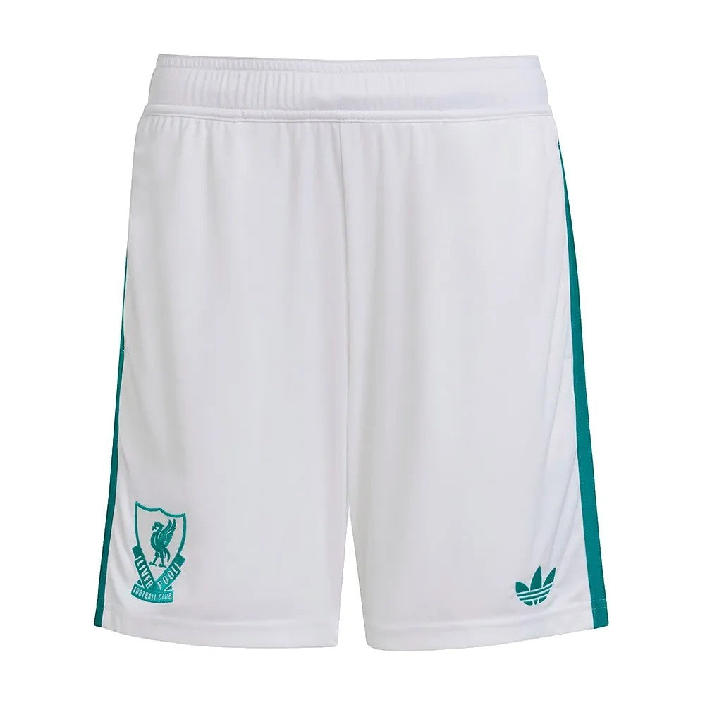 GOATkitz Liverpool 2025-26 kids third jersey shorts in white with teal accents and embroidered crest.