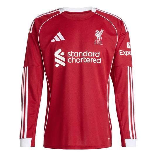 GOATkitz Liverpool 2025-26 adult home long sleeve jersey in red with white trim and logos. Customizable.