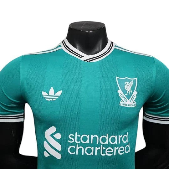 GOATkitz Liverpool 2025-26 adult player version third jersey in teal with white Adidas logo and crest. Customizable.