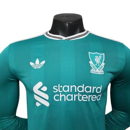 GOATkitz Liverpool 2025-26 adult player version third long sleeve jersey in teal with white accents and crest.