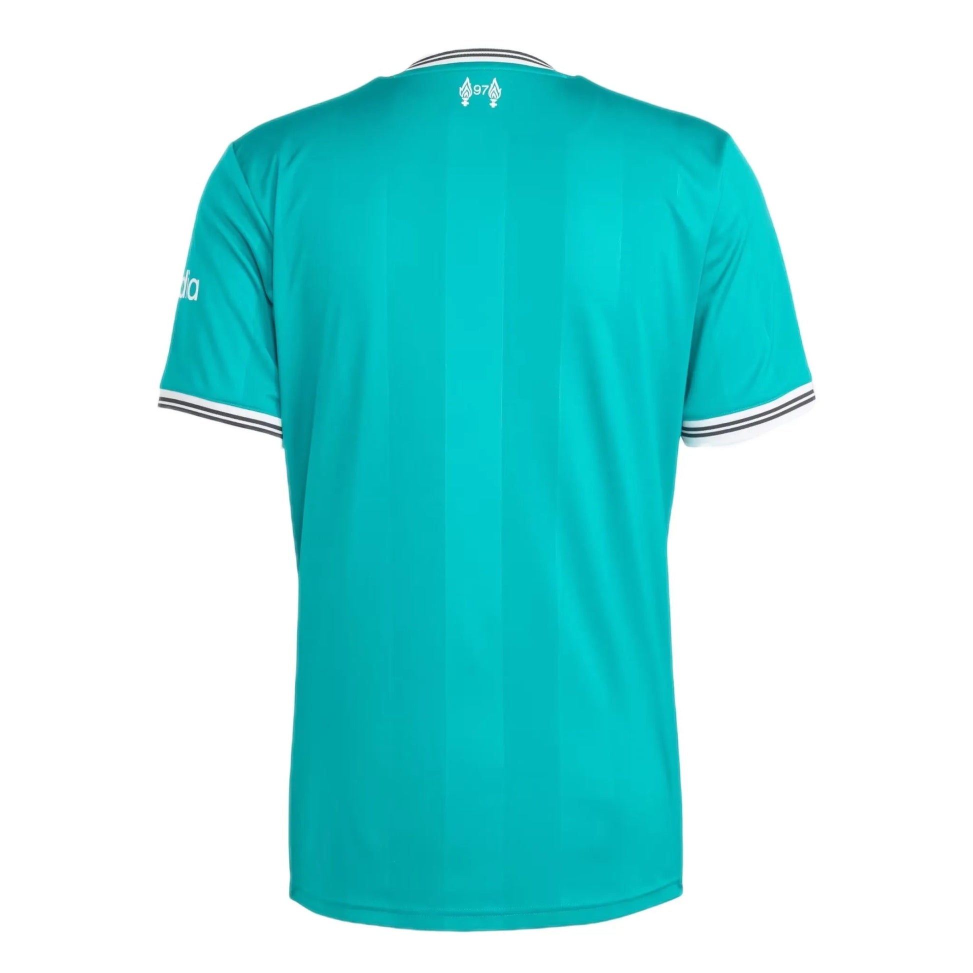 GOATkitz Liverpool 2025-26 adult third jersey in teal with white and black striped cuffs and collar. Features subtle vertical stripes.