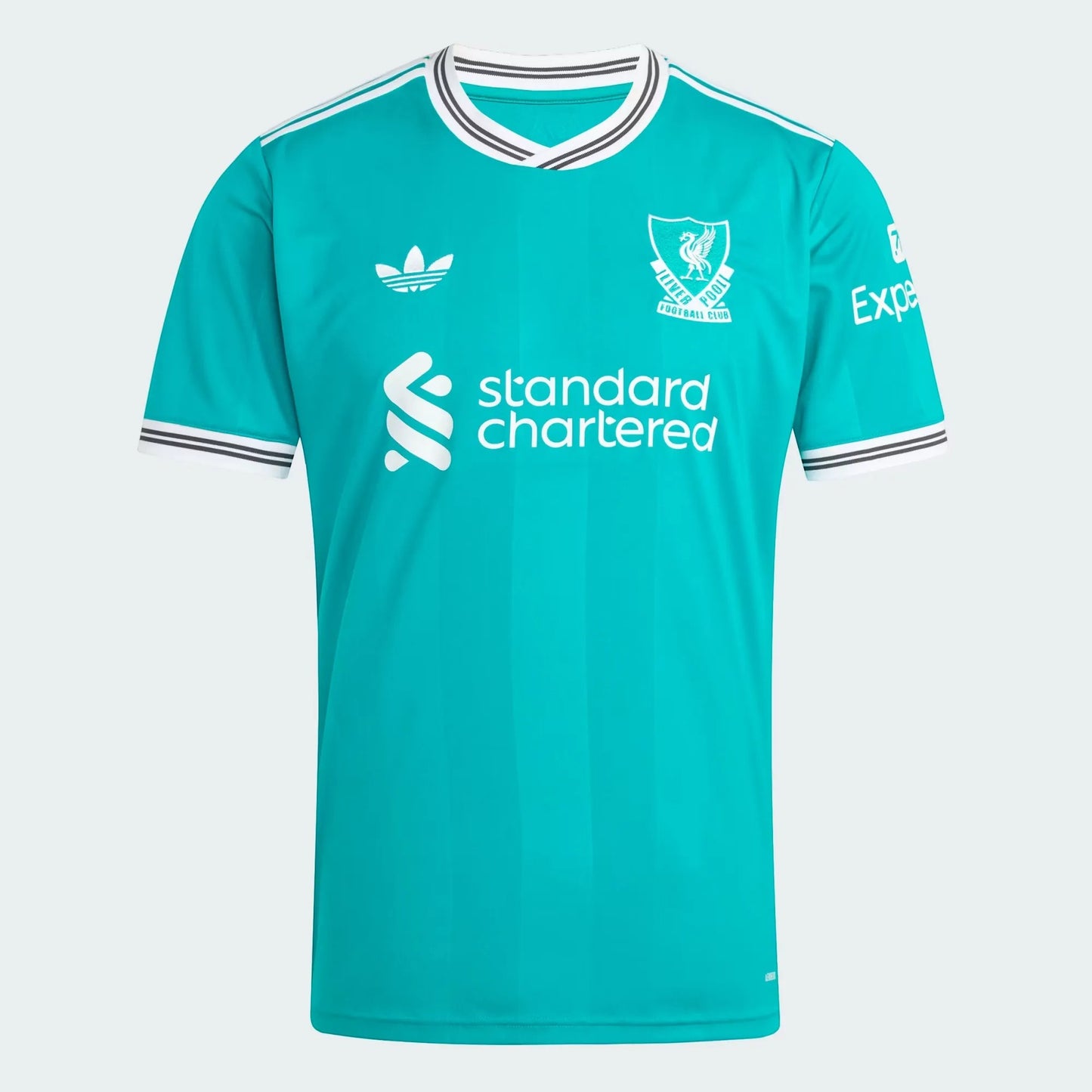 GOATkitz Liverpool 2025-26 adult third jersey in teal with white Adidas stripes on sleeves and collar. Features Standard Chartered logo.