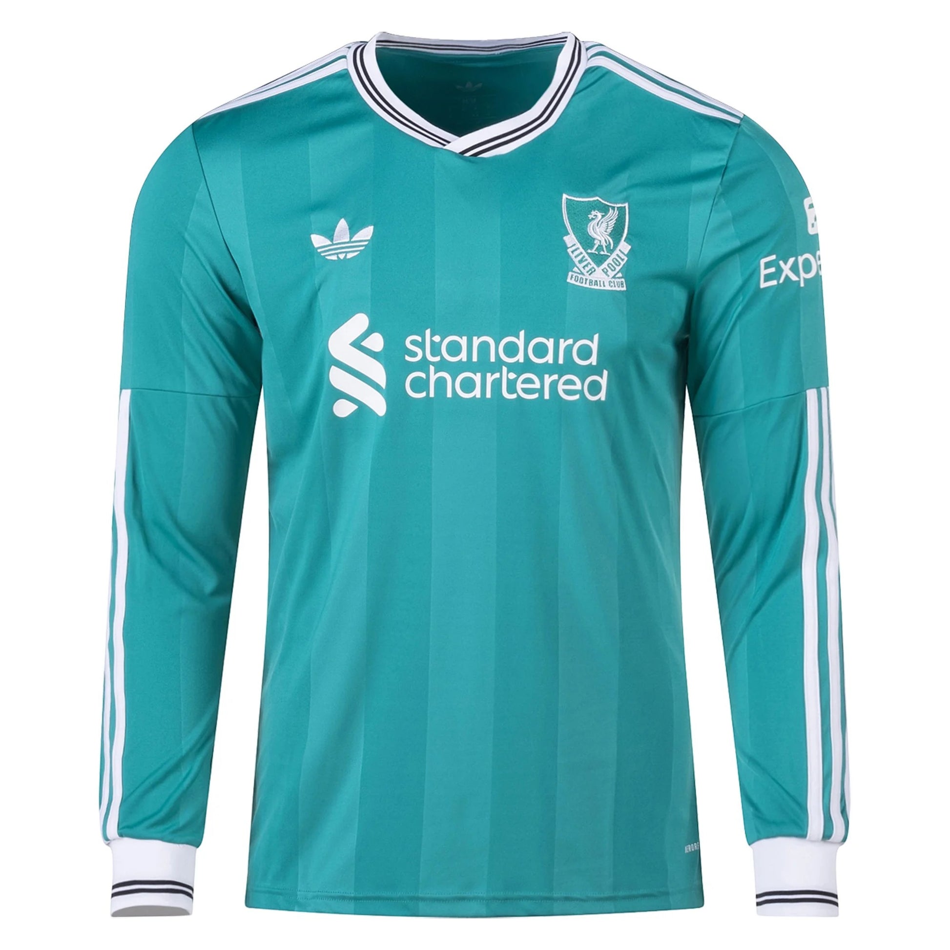 GOATkitz Liverpool 2025-26 adult third long sleeve jersey in teal with white stripes and logos. Customizable.