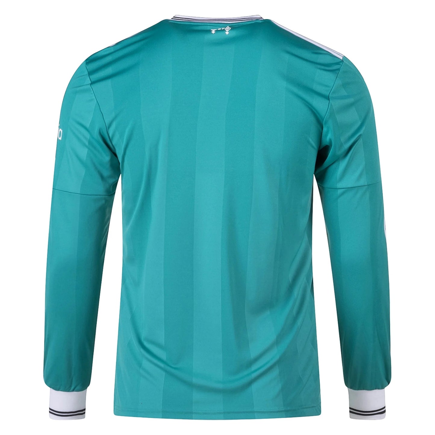 GOATkitz Liverpool 2025-26 adult third long sleeve jersey in teal with vertical stripe pattern and white cuffs.