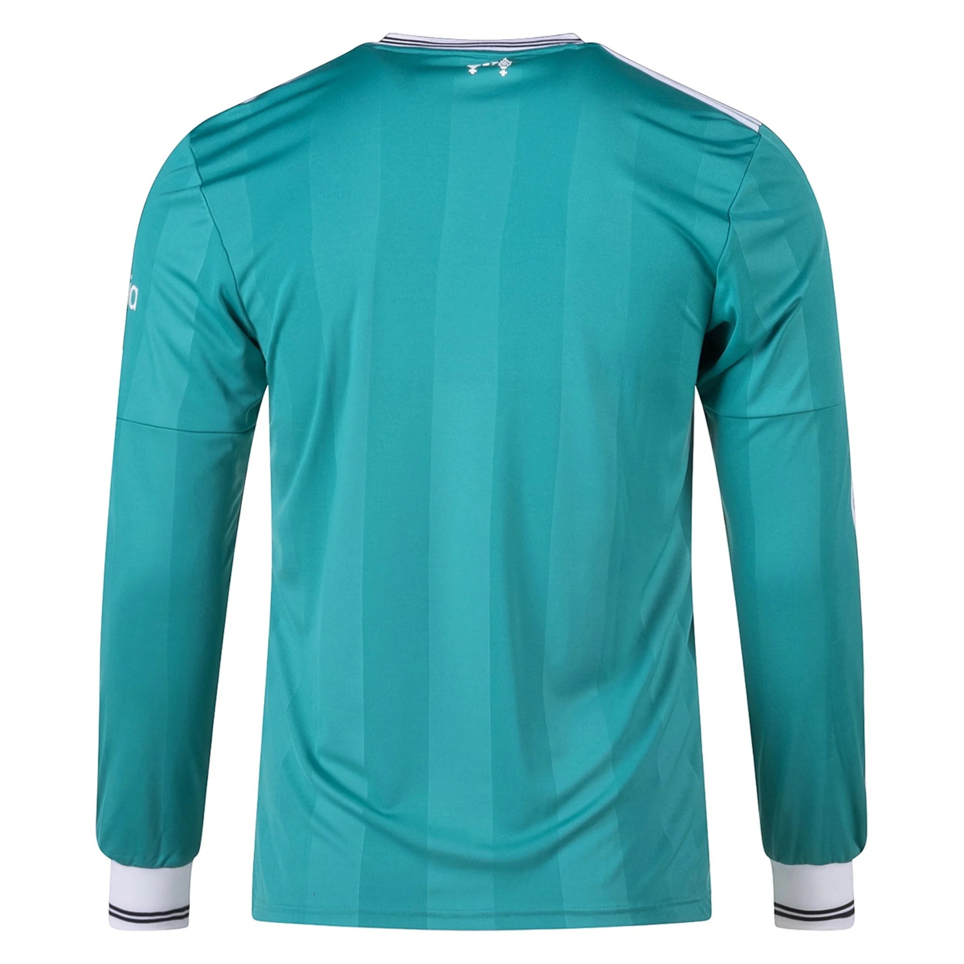 GOATkitz Liverpool 2025-26 adult third long sleeve jersey in teal with vertical stripe pattern and white cuffs.