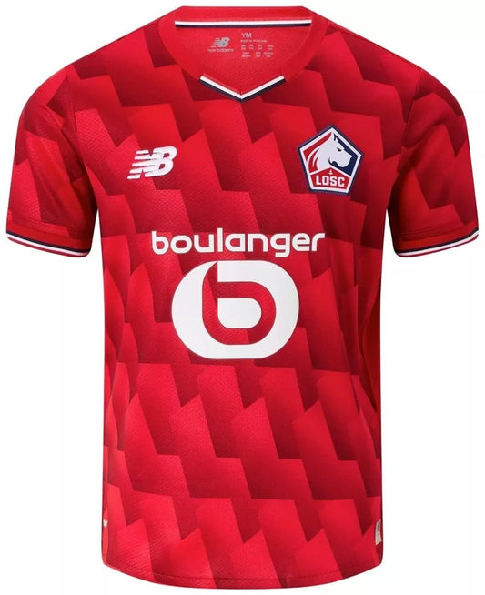 GOATkitz red LOSC Lille 2025-26 adult home jersey with white accents and geometric pattern. Features New Balance logo and team crest.