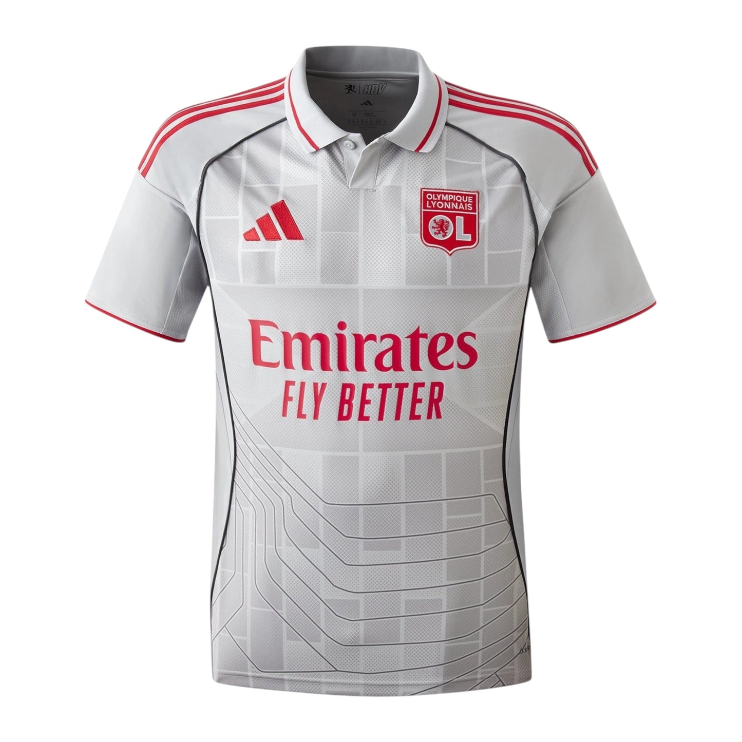 GOATkitz Olympique Lyonnais 2025-26 adult third jersey in light grey with red accents and Emirates Fly Better sponsor.