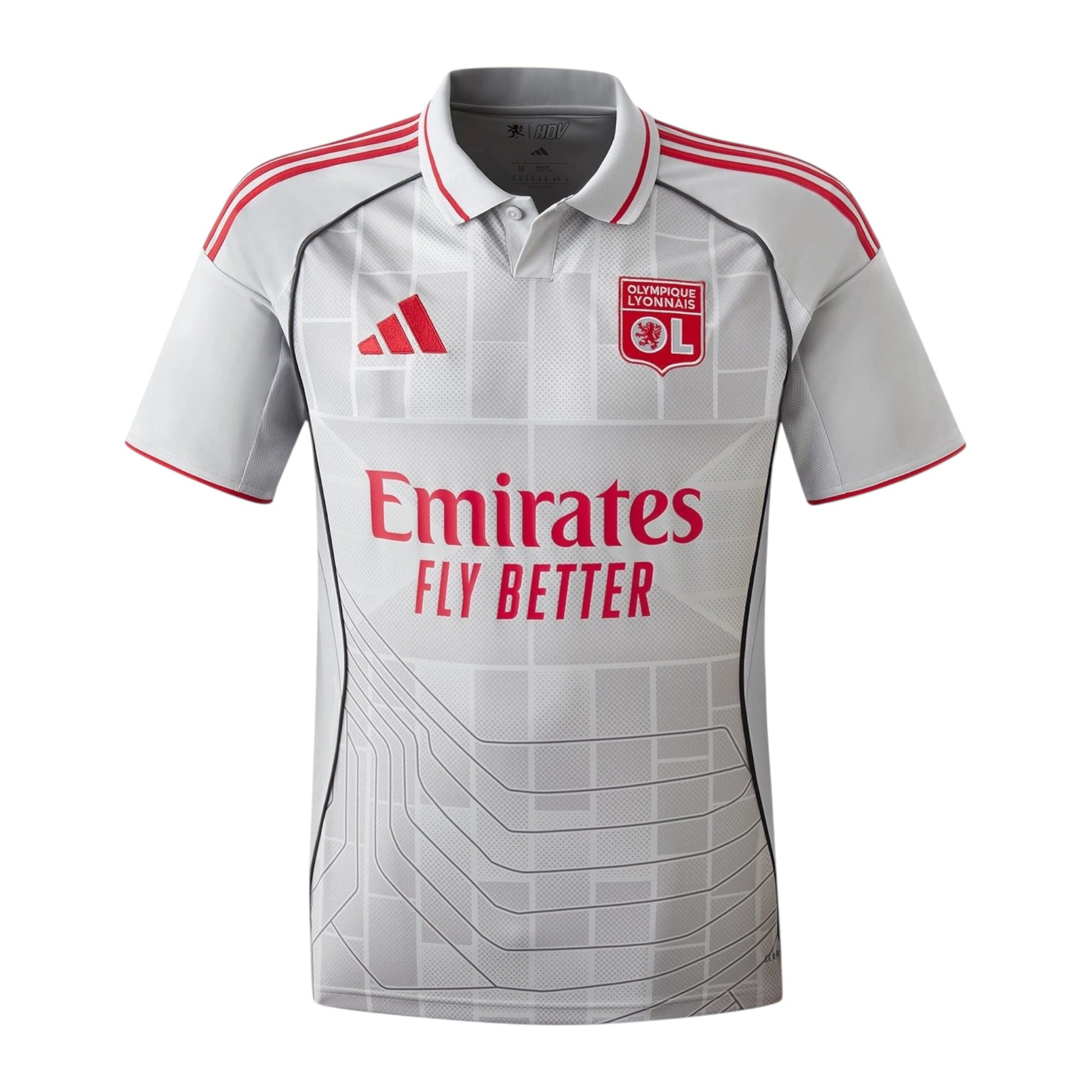 GOATkitz Olympique Lyonnais 2025-26 adult third jersey in light grey with red accents and Emirates Fly Better sponsor.