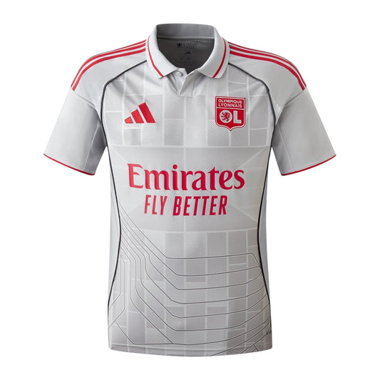 GOATkitz Olympique Lyonnais 2025-26 adult third jersey in light grey with red accents and Emirates Fly Better sponsor.