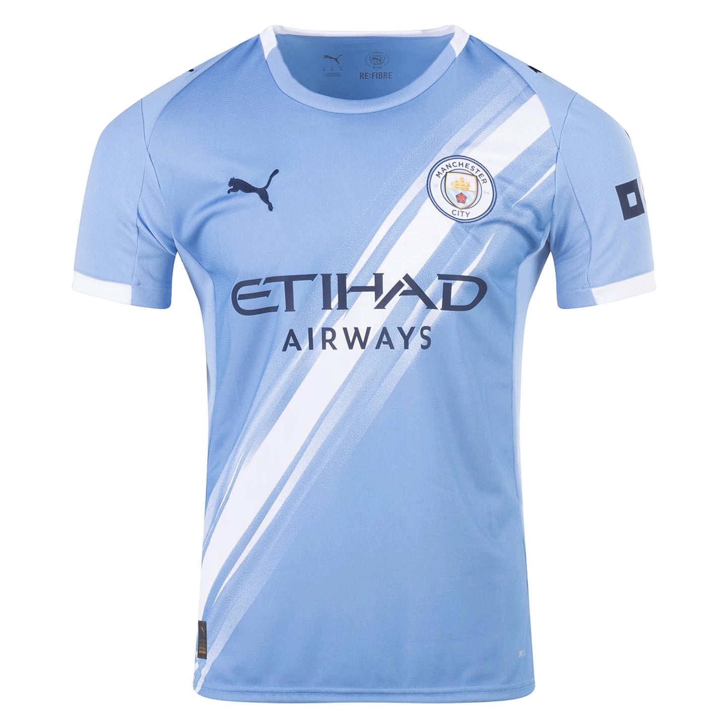GOATkitz light blue Manchester City 2025-26 adult home jersey with white trim and diagonal white graphic. Features Puma logo and Etihad Airways sponsor.