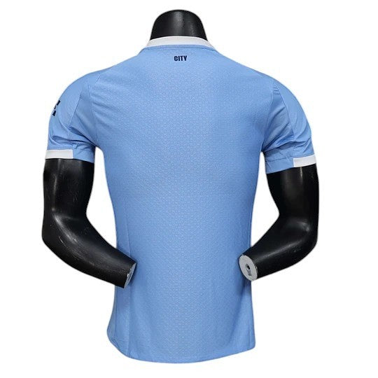 GOATkitz Manchester City 2025-26 player version light blue football jersey with white cuffs and collar, customizable.
