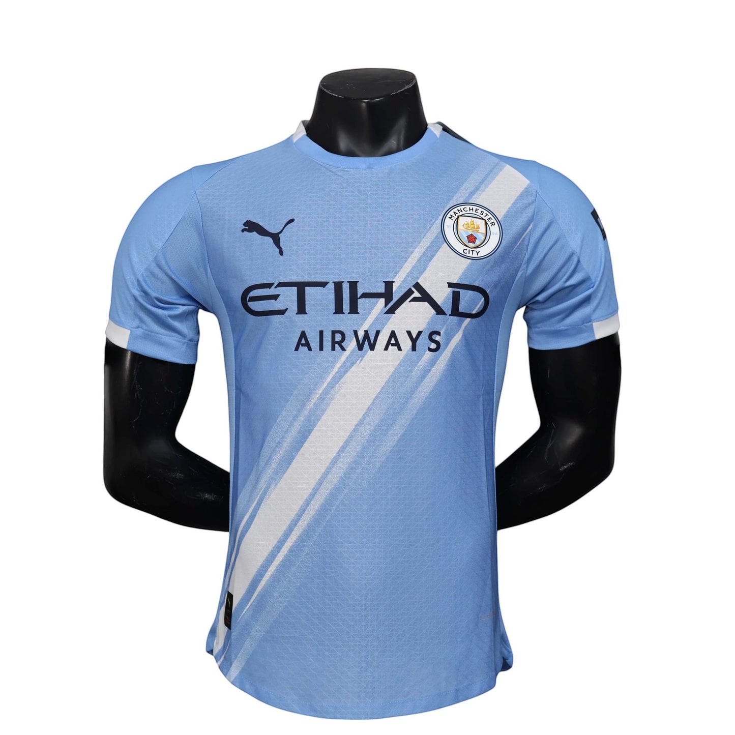 GOATkitz Manchester City 2025-26 light blue player version football jersey with white accents and Etihad Airways sponsor.