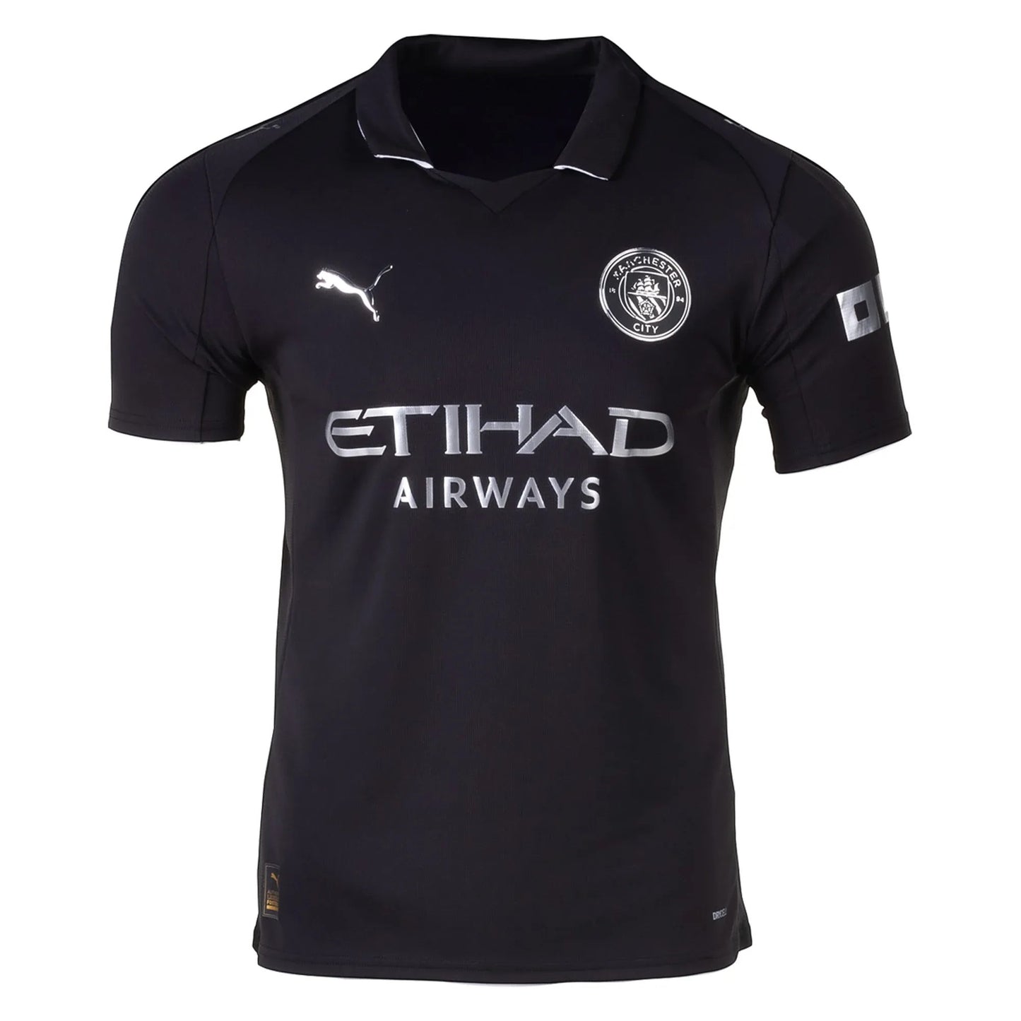 GOATkitz Manchester City 2025-26 adult away jersey in black with silver accents and customizable name/number option.