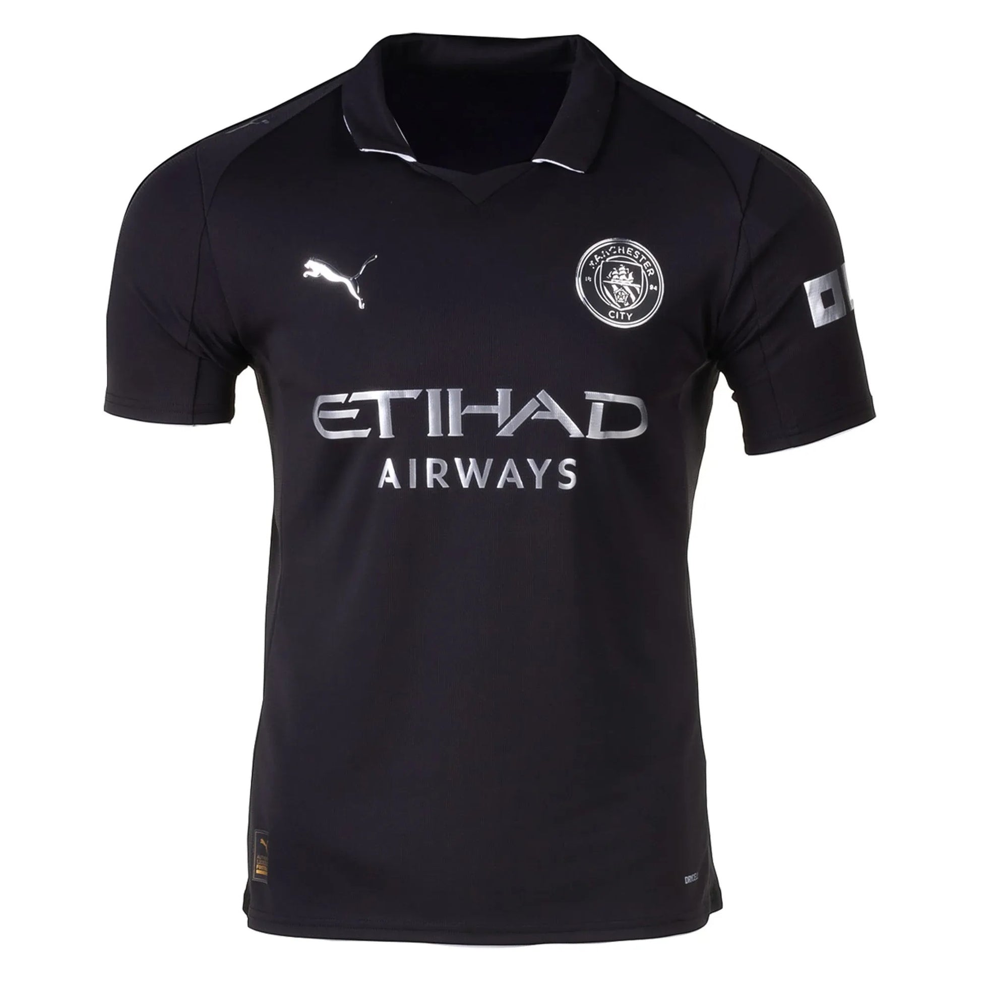 GOATkitz Manchester City 2025-26 adult away jersey in black with silver accents and customizable name/number option.