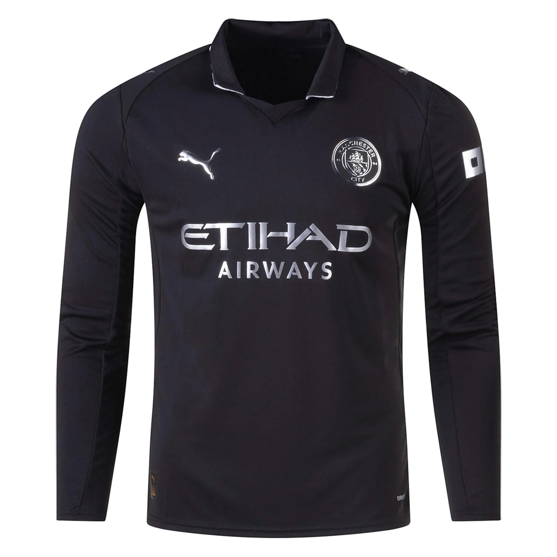 GOATkitz Manchester City 2025-26 adult away long sleeve jersey in black with silver accents and logos.