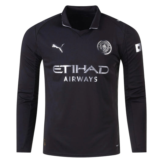 GOATkitz Manchester City 2025-26 adult away long sleeve jersey in black with silver accents and logos.