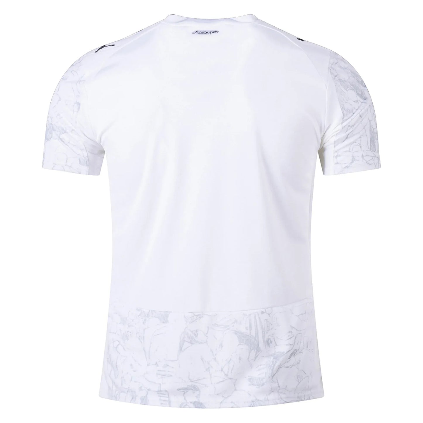 GOATkitz Manchester City x KidSuper 2025-26 adult fan jersey in white with marble-effect print on sleeves and hem.