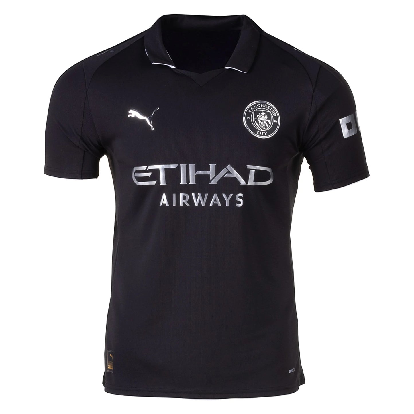 GOATkitz Manchester City 2025-26 kids away jersey in black with silver accents. Customizable.