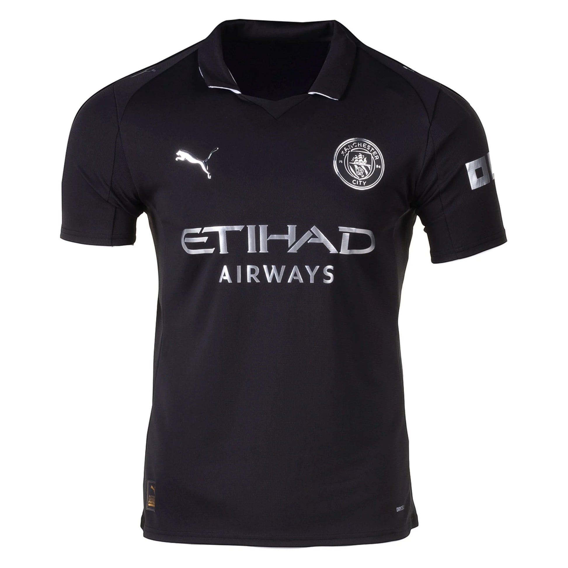 GOATkitz Manchester City 2025-26 kids away jersey in black with silver accents. Customizable.