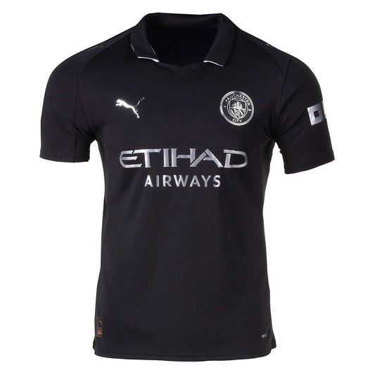 GOATkitz Manchester City 2025-26 kids away jersey in black with silver accents. Customizable.