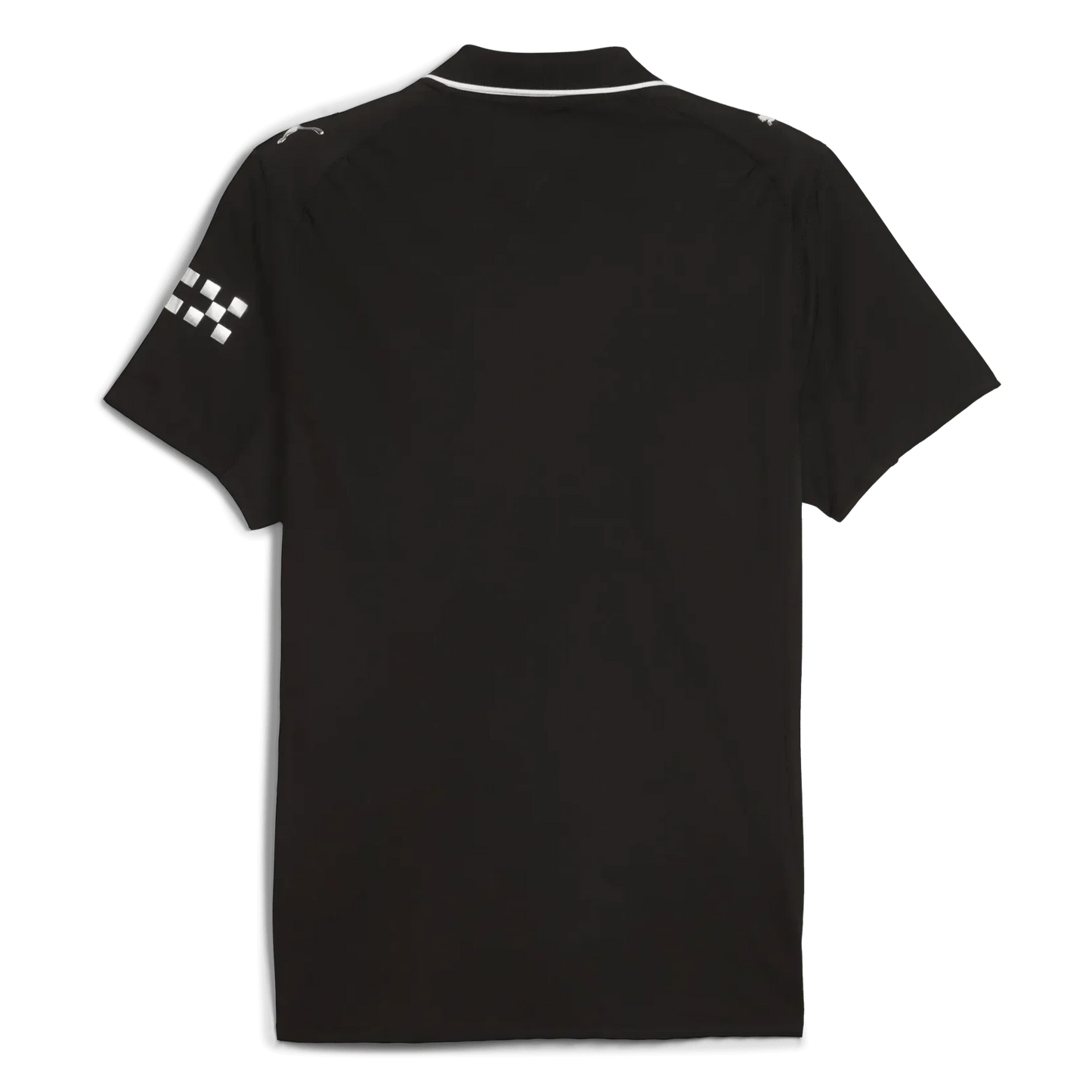 GOATkitz Manchester City 2025-26 kids away jersey, black with white checkered pattern on sleeve and white collar trim.