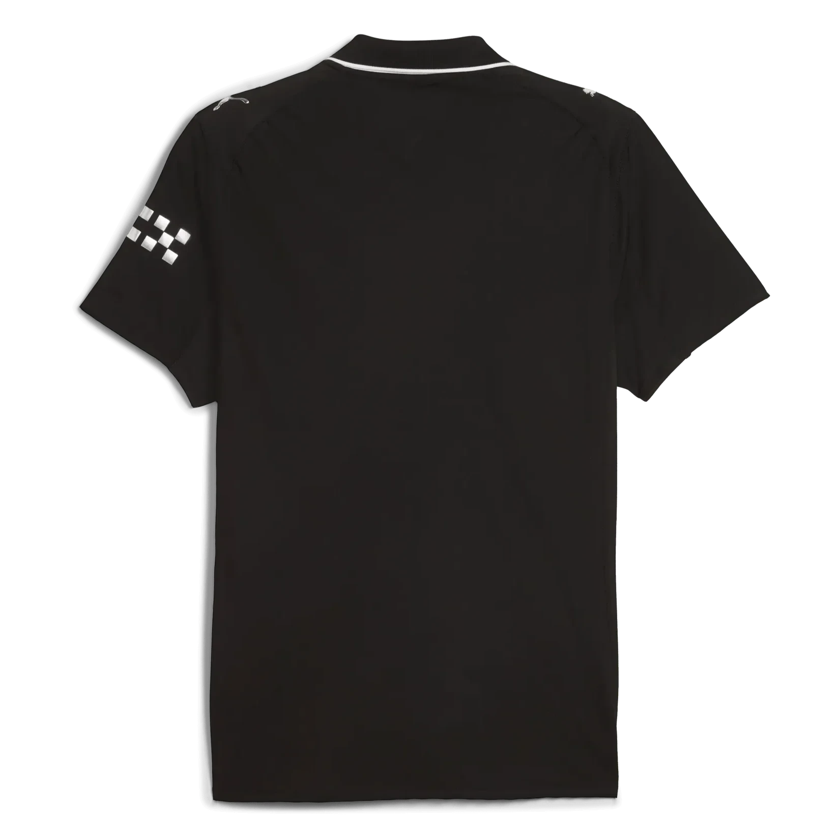 GOATkitz Manchester City 2025-26 kids away jersey, black with white checkered pattern on sleeve and white collar trim.