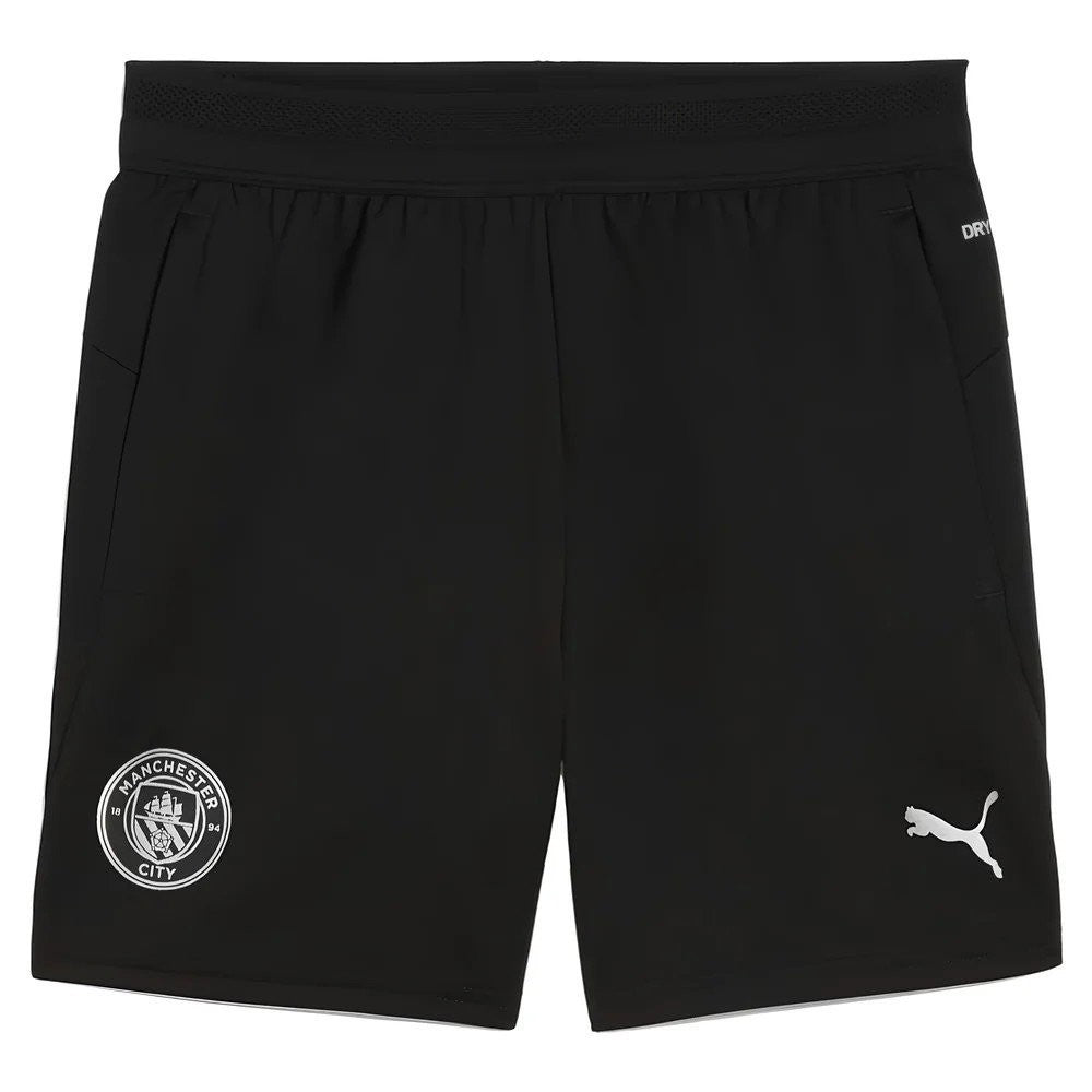 GOATkitz black Manchester City 2025-26 kids away shorts with Puma logo and club crest. Features 'DRY' technology.