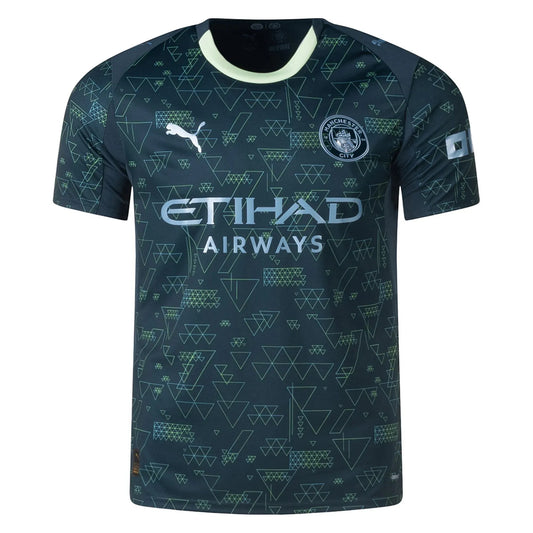 GOATkitz Manchester City 2025-26 kids' dark grey football jersey with lime green geometric pattern, Puma logo, and Etihad Airways sponsor.