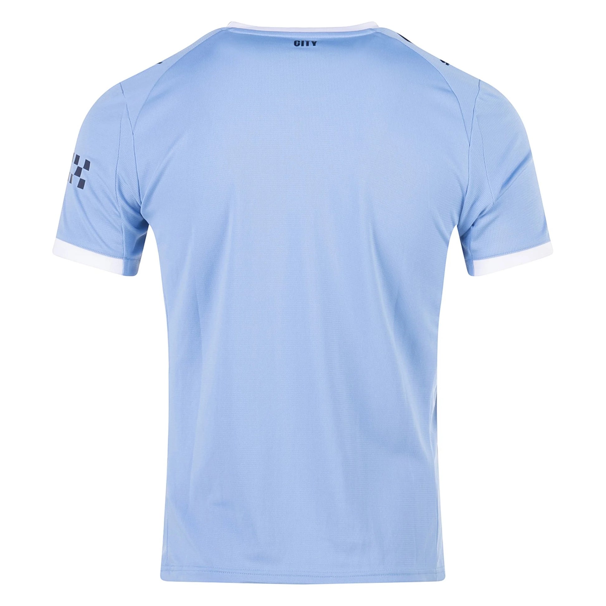 GOATkitz Manchester City 2025-26 kids light blue football jersey with white cuffs and 'CITY' text on the collar.