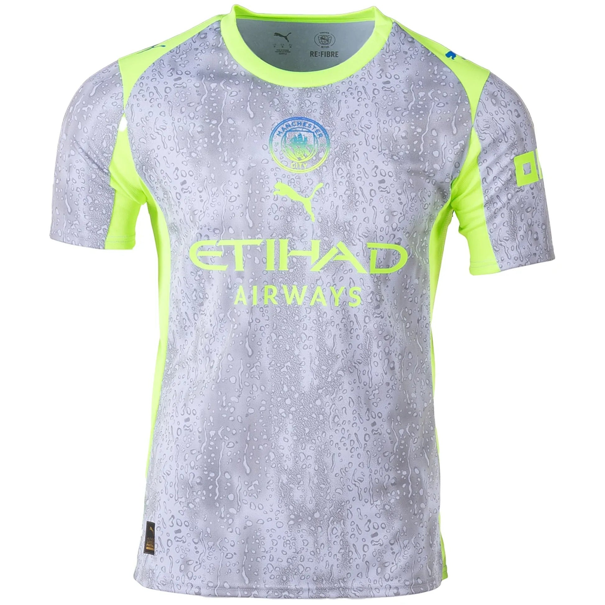 GOATkitz Manchester City 2025-26 kids third jersey with a grey water droplet pattern and neon yellow accents. Features Etihad Airways logo.