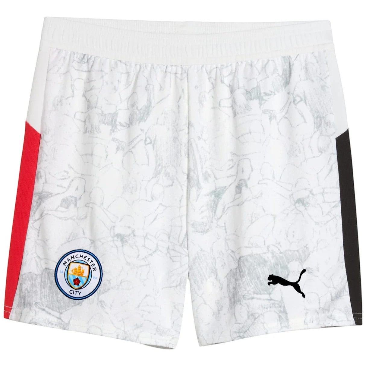 GOATkitz Manchester City x KidSuper gray and white patterned kids' soccer shorts with red and black side panels.