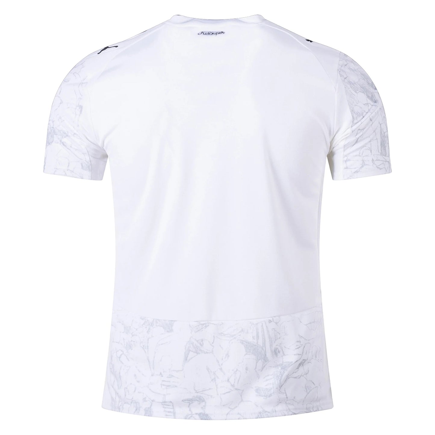 GOATkitz Manchester City x KidSuper 2025-26 kids jersey in white with grey graphic print on sleeves and hem. Customizable.