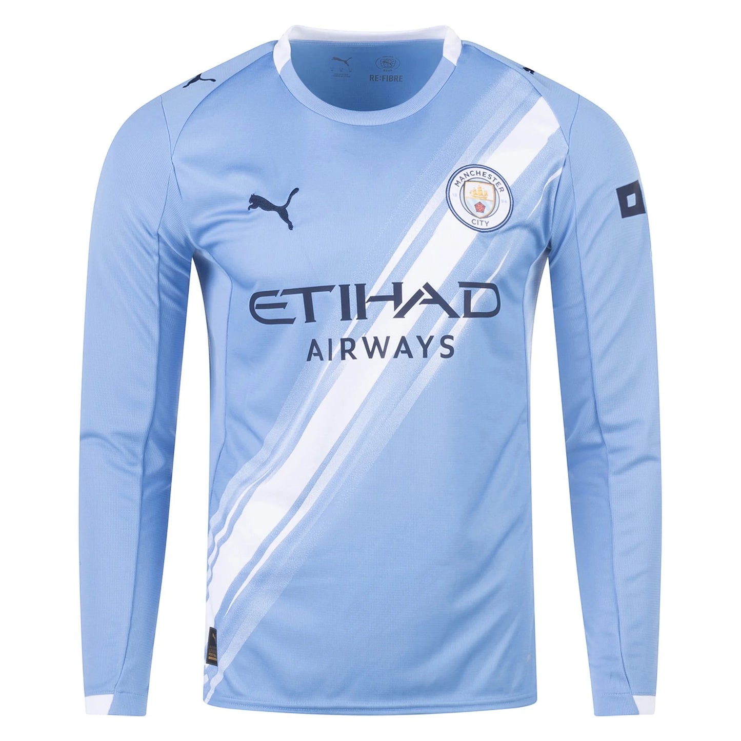 GOATkitz Manchester City 2025-26 adult home long sleeve jersey in light blue with white accents and Etihad Airways sponsor.