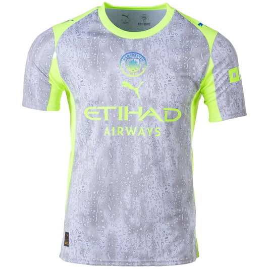 GOATkitz Manchester City 2025-26 adult third jersey in grey with a water droplet pattern and neon yellow accents. Customizable.