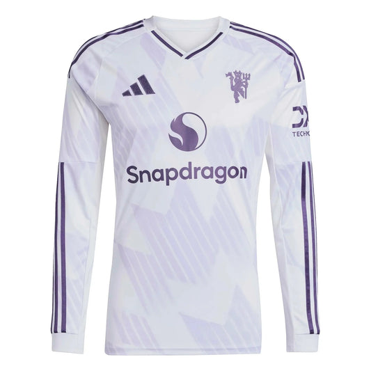 GOATkitz Manchester United 2025-26 white long sleeve football jersey with purple accents and Snapdragon logo.
