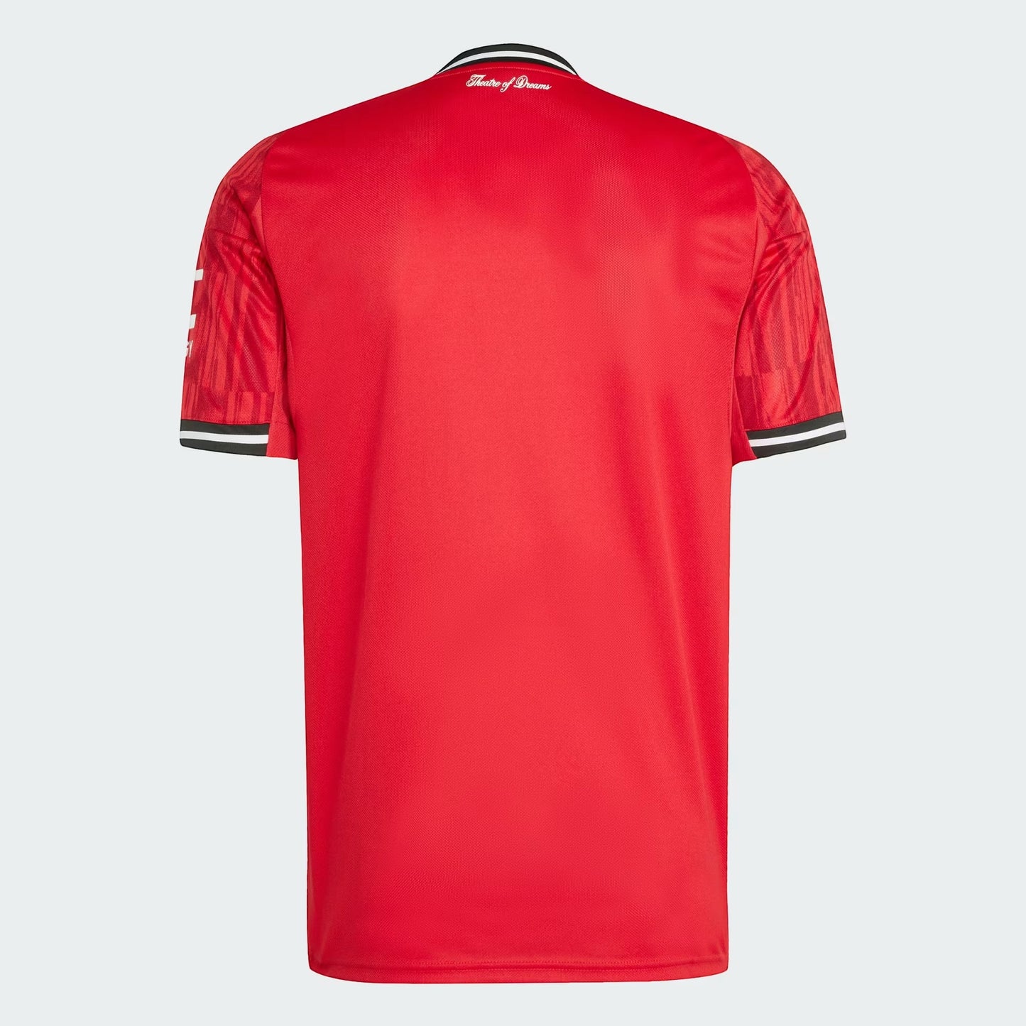 GOATkitz Manchester United 2025-26 red football jersey with black and white striped collar and sleeve cuffs. Features subtle textured pattern on sleeves.