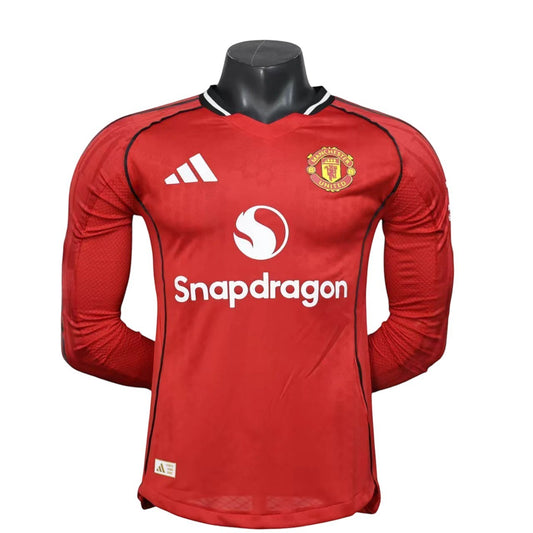GOATkitz Manchester United 2025-26 red long sleeve player version jersey with Snapdragon logo and customizable options.