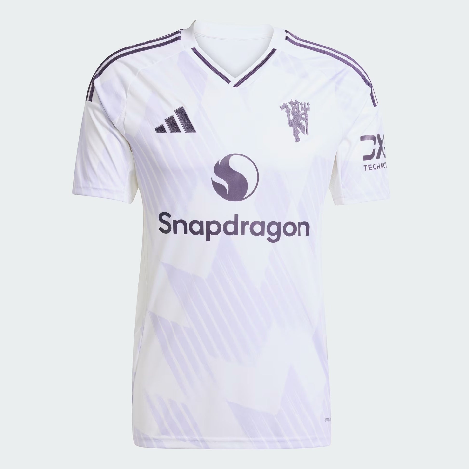 GOATkitz Manchester United 2025-26 white away jersey with purple accents and Snapdragon logo. Customizable.