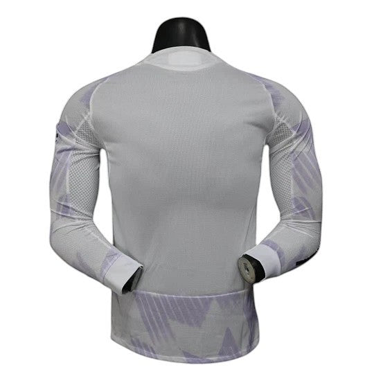 GOATkitz Manchester United 2025-26 white long sleeve player version away jersey with purple accents.