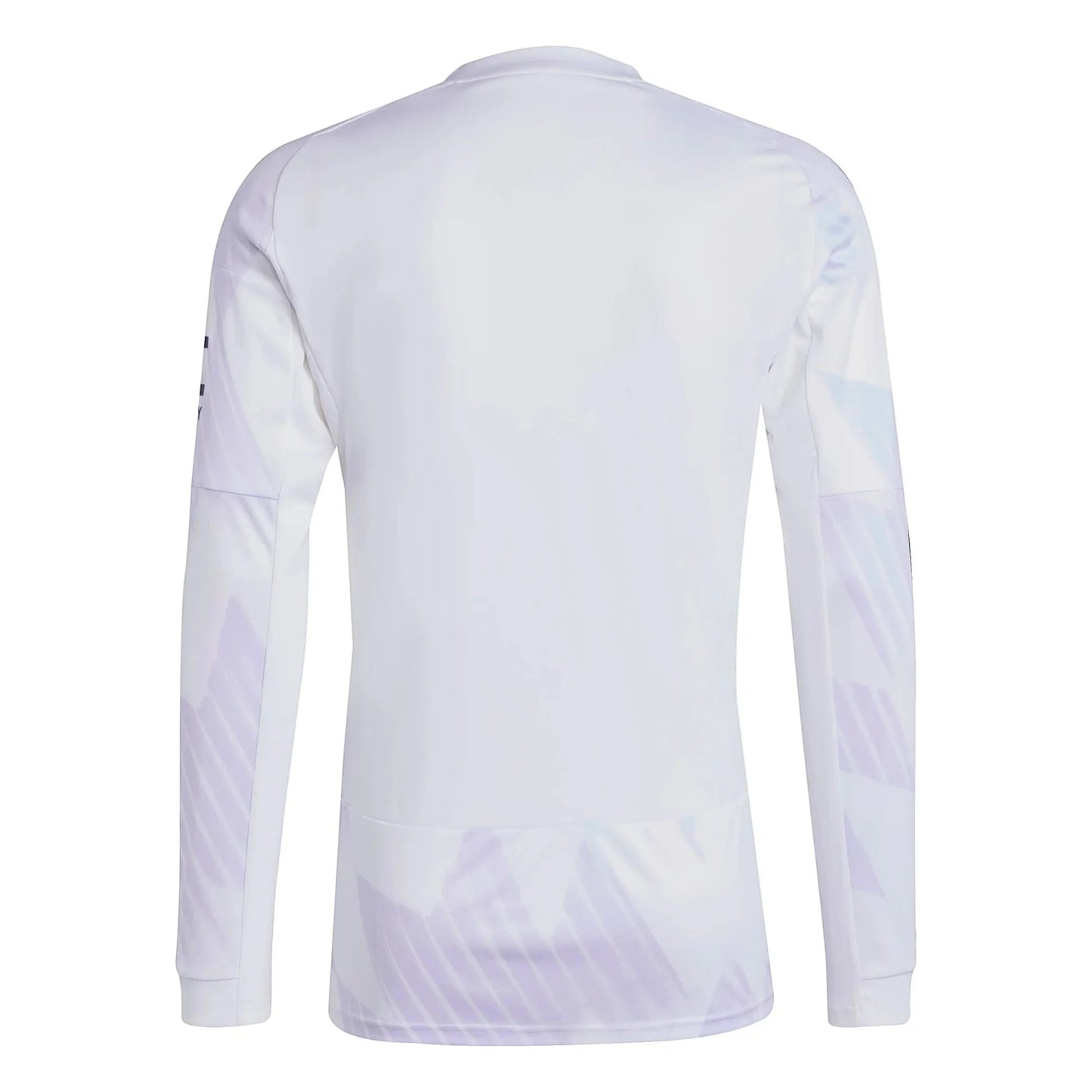 GOATkitz Manchester United 2025-26 adult away long sleeve jersey in white with subtle purple geometric pattern on sleeves and hem.