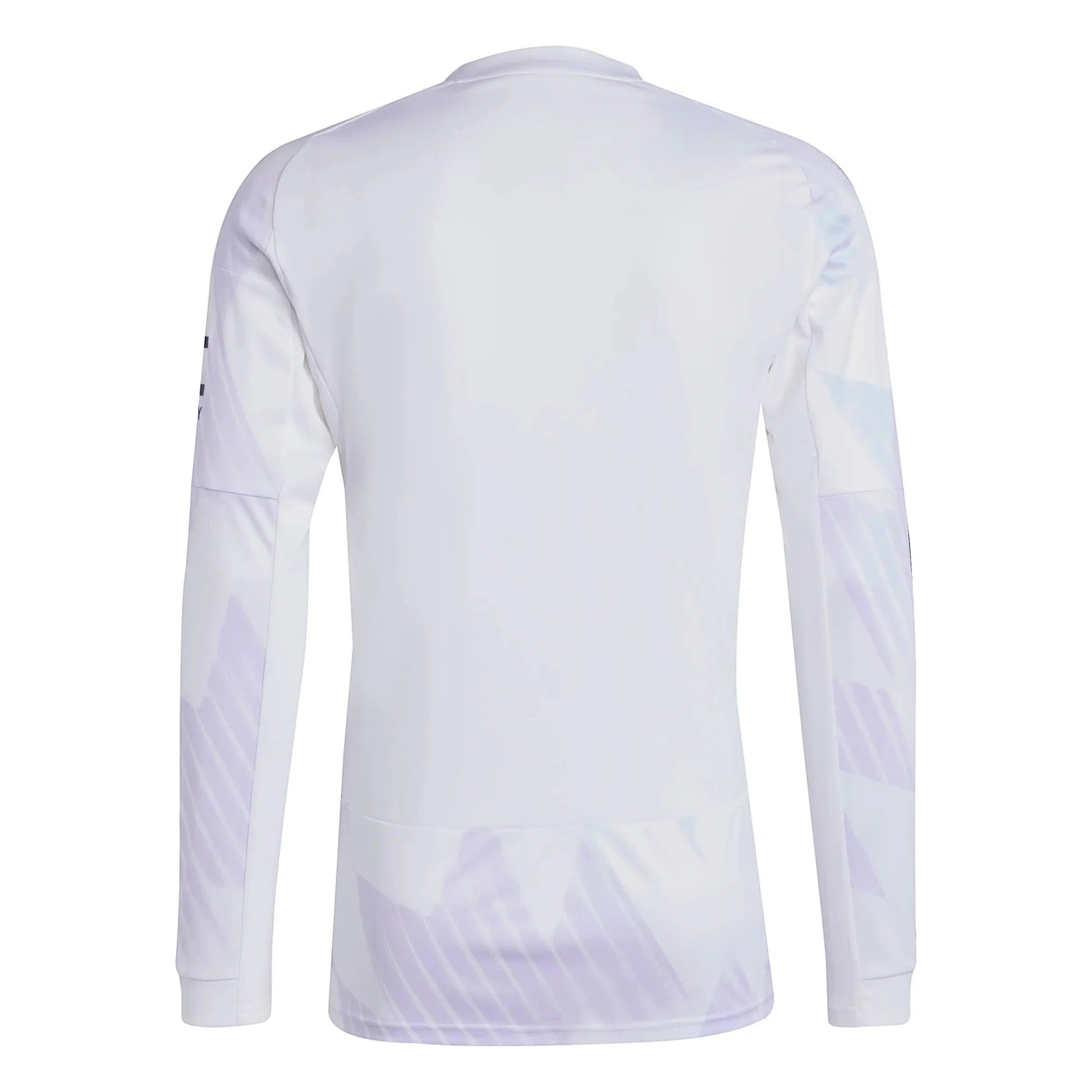 GOATkitz Manchester United 2025-26 adult away long sleeve jersey in white with subtle purple geometric pattern on sleeves and hem.