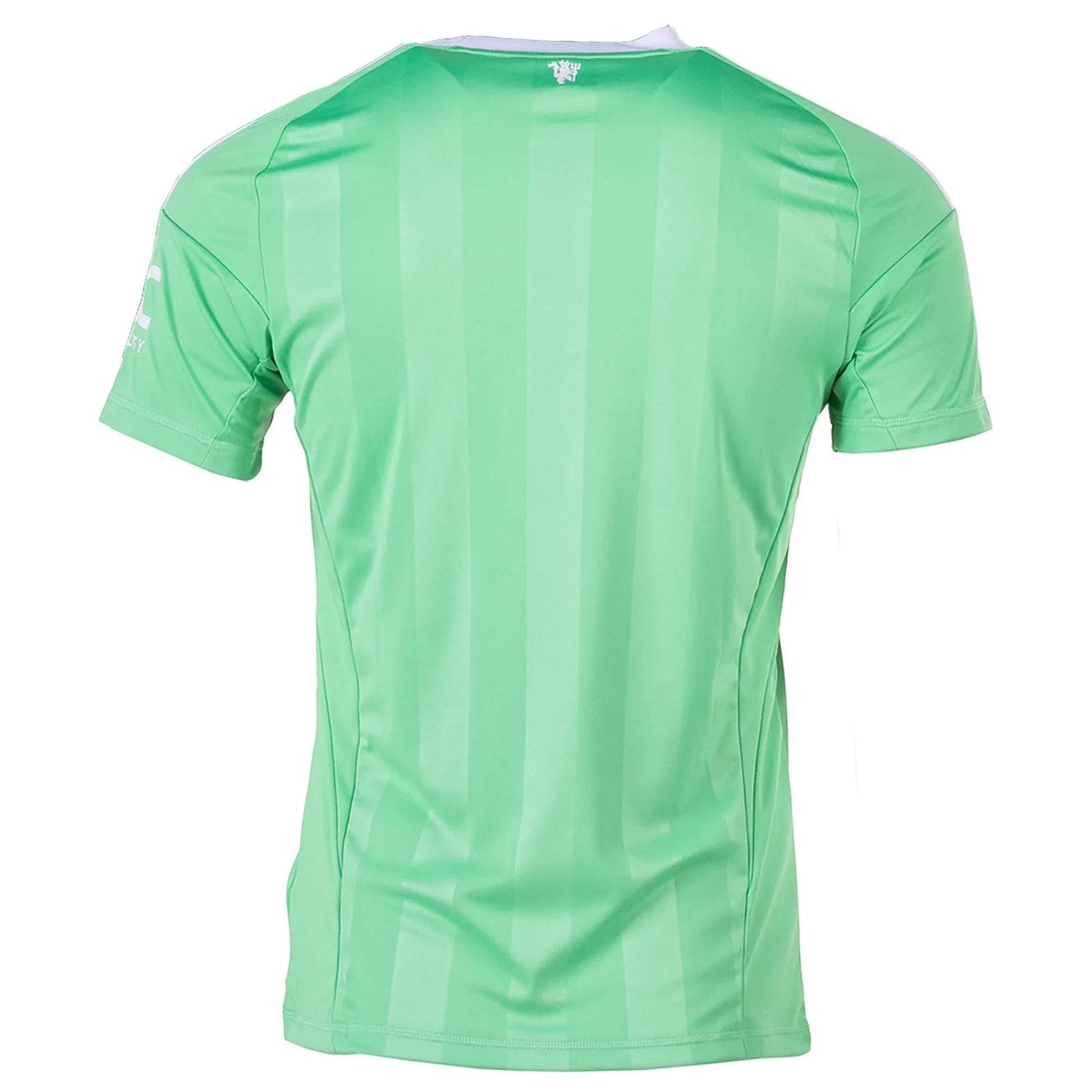 GOATkitz Manchester United 2025-26 green goalkeeper jersey with vertical stripe pattern and white trim.