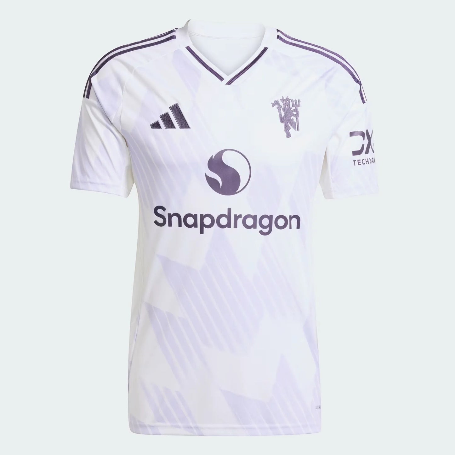GOATkitz Manchester United 2025-26 kids away jersey in white with purple accents and Snapdragon logo.