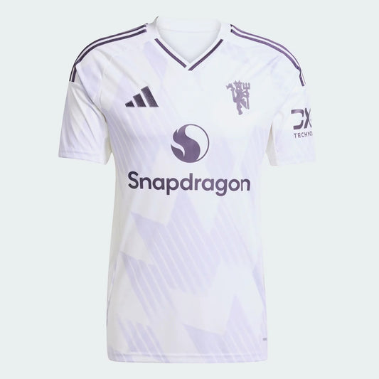 GOATkitz Manchester United 2025-26 kids away jersey in white with purple accents and Snapdragon logo.