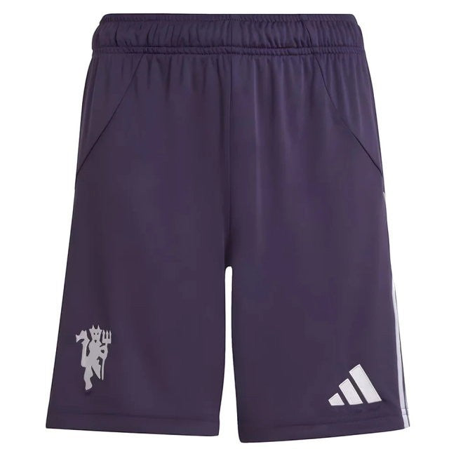 GOATkitz Manchester United 2025-26 kids away shorts in dark purple with embroidered club crest and Adidas logo.