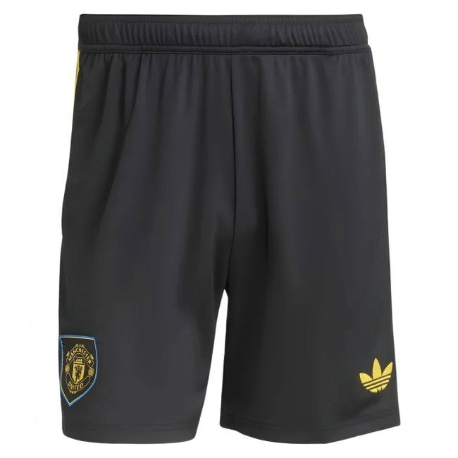 GOATkitz Manchester United 2025-26 kids black football shorts with gold Adidas logo and crest